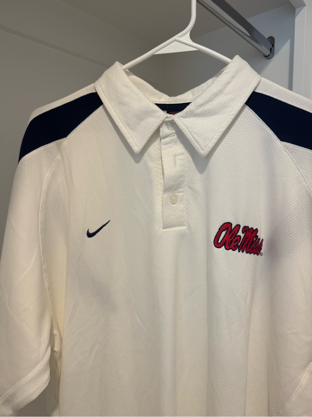 Nike White Polo with Navy Shoulder Panels and Red Ole Miss Script